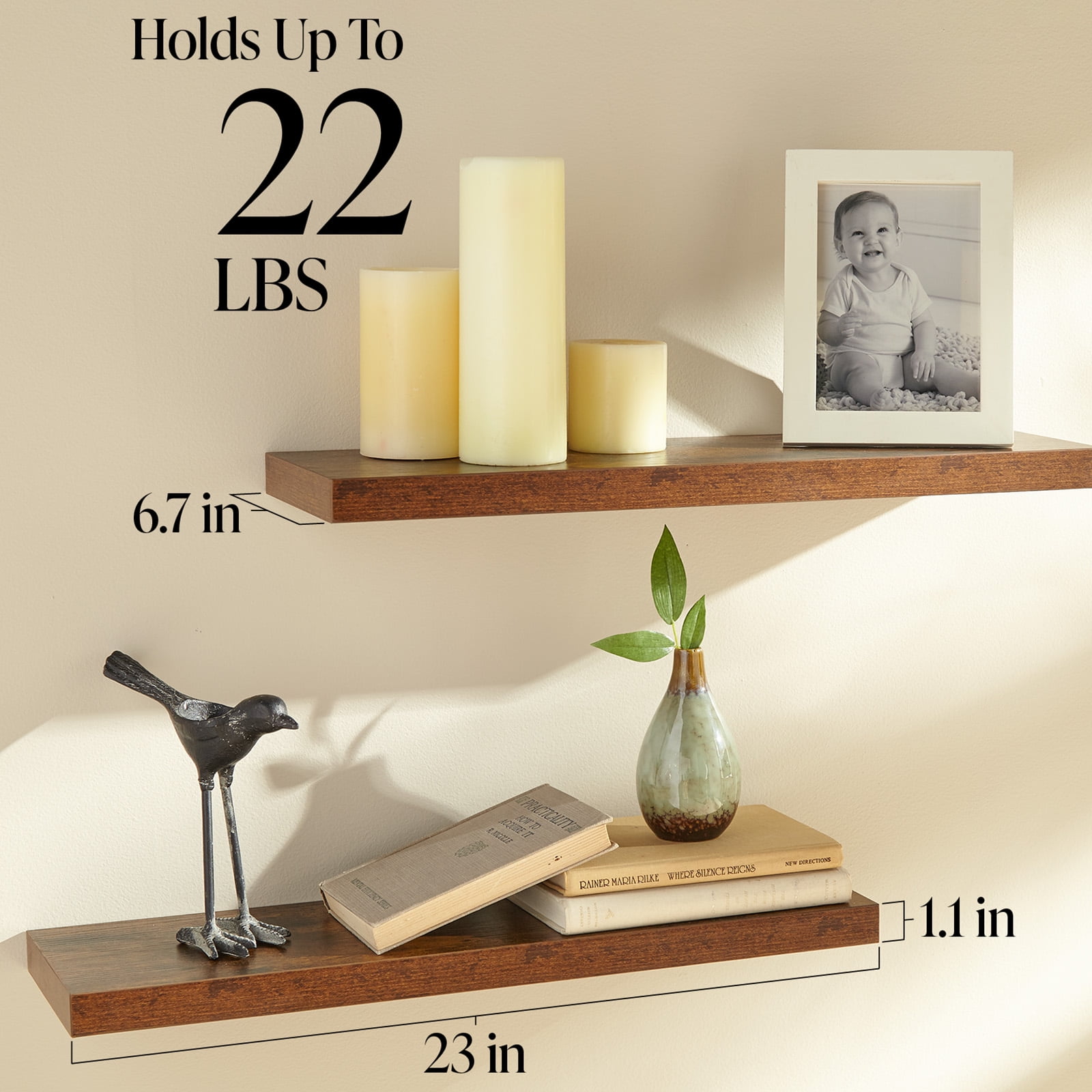 Ophanie 22.5 inch Wood Floating Shelves Wall Mounted Shelves, 6.7 x 23 Inch, Brown, Set of 2  (图3) Ophanie 22.5 inch Wood Floating Shelves Wall Mounted Shelves, 6.7 x 23 Inch, Brown, Set of 2  (图3)
