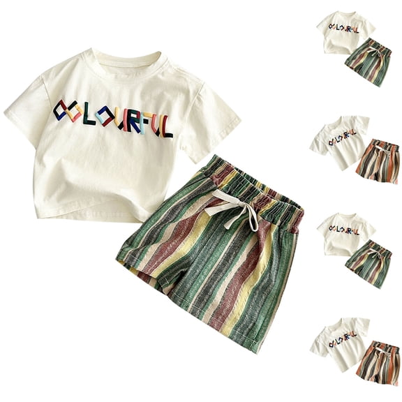 Bixock Toddler Boys Girls 2-piece Summer Set,Kids Clothings Set,Letter Print Crew Neck Short Sleeve Top and Striped Print Shorts Casual Kids Clothings 6Months-3 Years