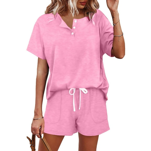 Summer Shorts Sets Solid Short Sleeve Tops Shorts Casual Button Drawstring Tie Up Sports Suit Womens Summer Outfits Hot Pink L