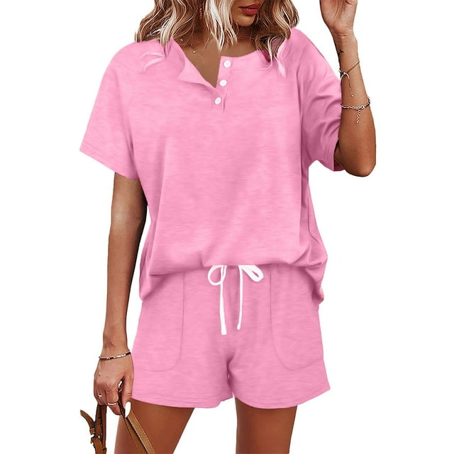 2025 Women's Solid Color Short Swimsuit Plus Sleeved Shorts Casual Set Shorts Suit Button Drawstring Tie Up Full Coverage Swimsuit Sports
