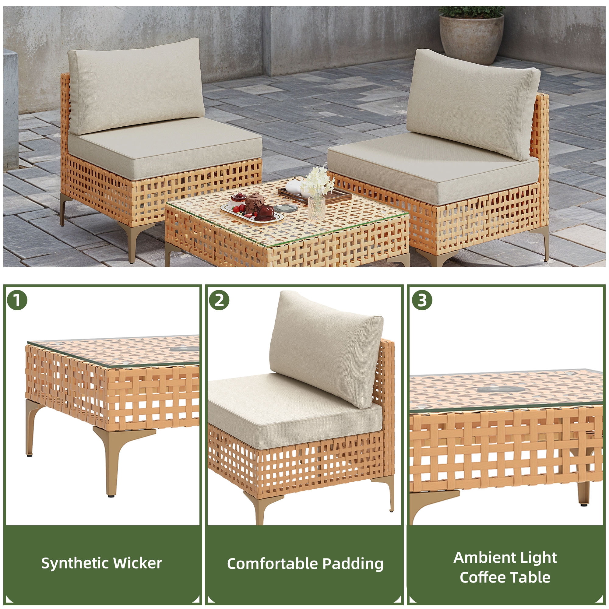 Uforic 3 Pieces Outdoor Patio Furniture Set,Rattan Wicker Conversation Set,Bistro Set of Outdoor Sectional Sofa Chairs & Solar Light Coffee Table