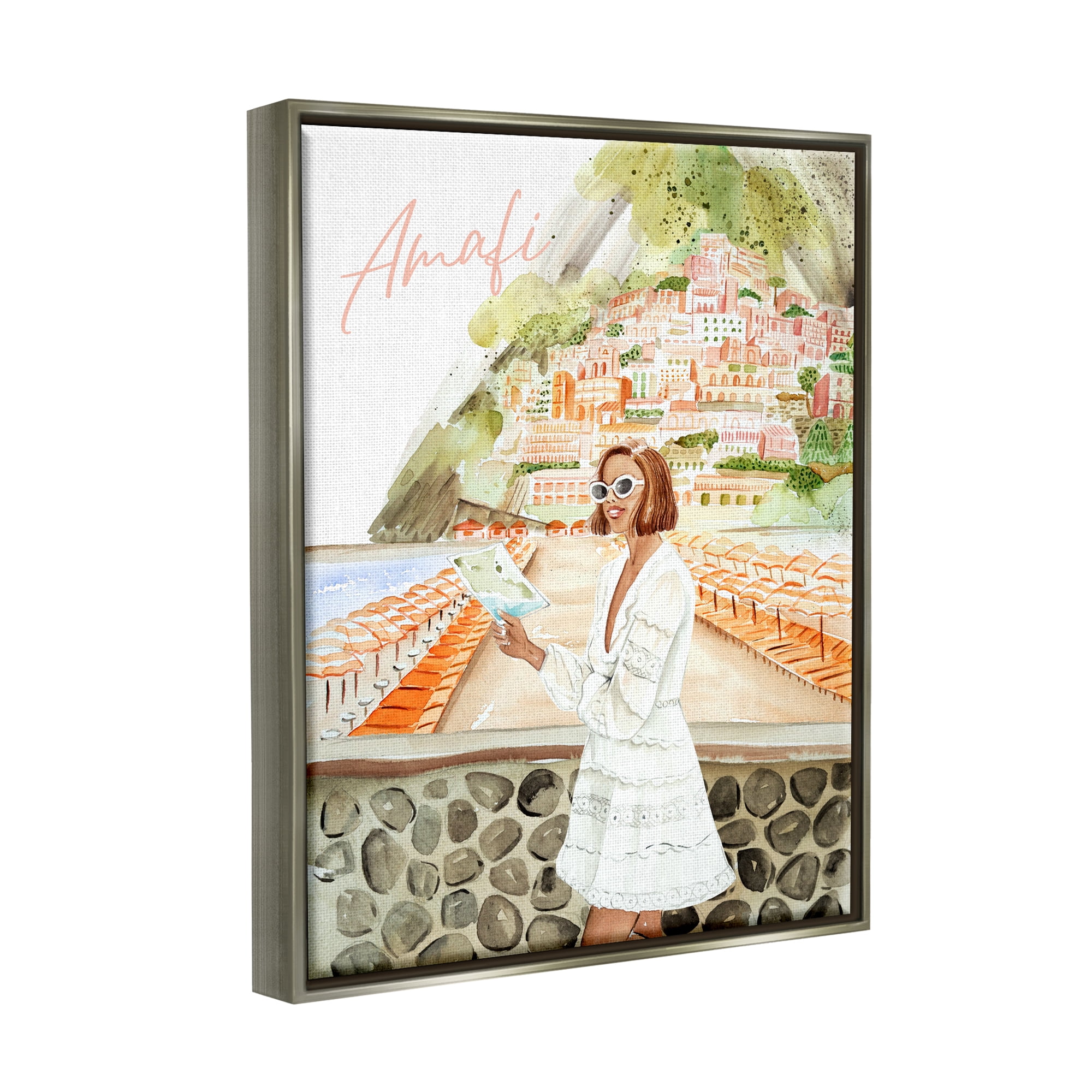 Stupell Industries Girl at Amalfi Coast Nature Painting Gray Floater Framed Art Print Wall Art, 17 x 21