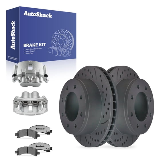 AutoShack Rear Vented Drilled & Slotted Coated Brake Rotors Black Matte Finish   Ceramic Pads   Calipers 8-PC Brake Kit Replacement for 2007-2020 Chevrolet Express 2500 BlackShield 12.99" (330 mm)