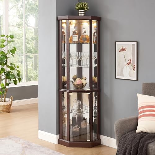 69" H Lighted Corner Curio Cabinet Display Case With Adjustable Shelves, Tempered Glass, Mirrored Back Panel for Living Room (Dark Cherry)$$Furniture