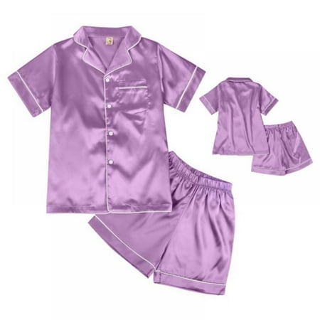 

GOODLY Girls Short Little Boys Set Classic Satin Pajamas Silk Toddler Kids 2 Piece Sleepwear Button-Down Short Sleeve
