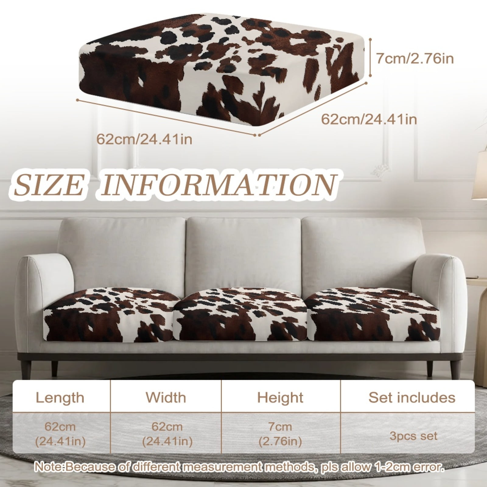 COEQINE Sofa Cushion Cover with Elastic Bottom, Soft Sectional Couch Cushion Slipcover Washable Individual Seat Slipcover Non-Slip Dog Couch Cover, 3 Pieces, Black Brown Cow Print