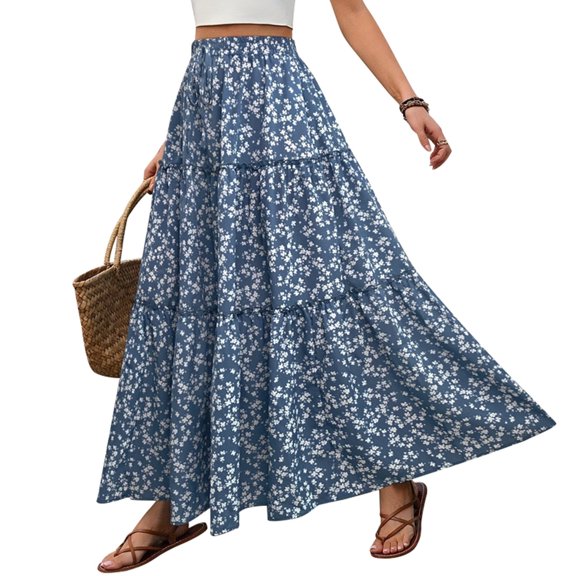 AUSDIOCA Maxi Skirts for Women High Waisted Elastic Long Floral Skirt for Summer(AS6002 Blue Floral L)