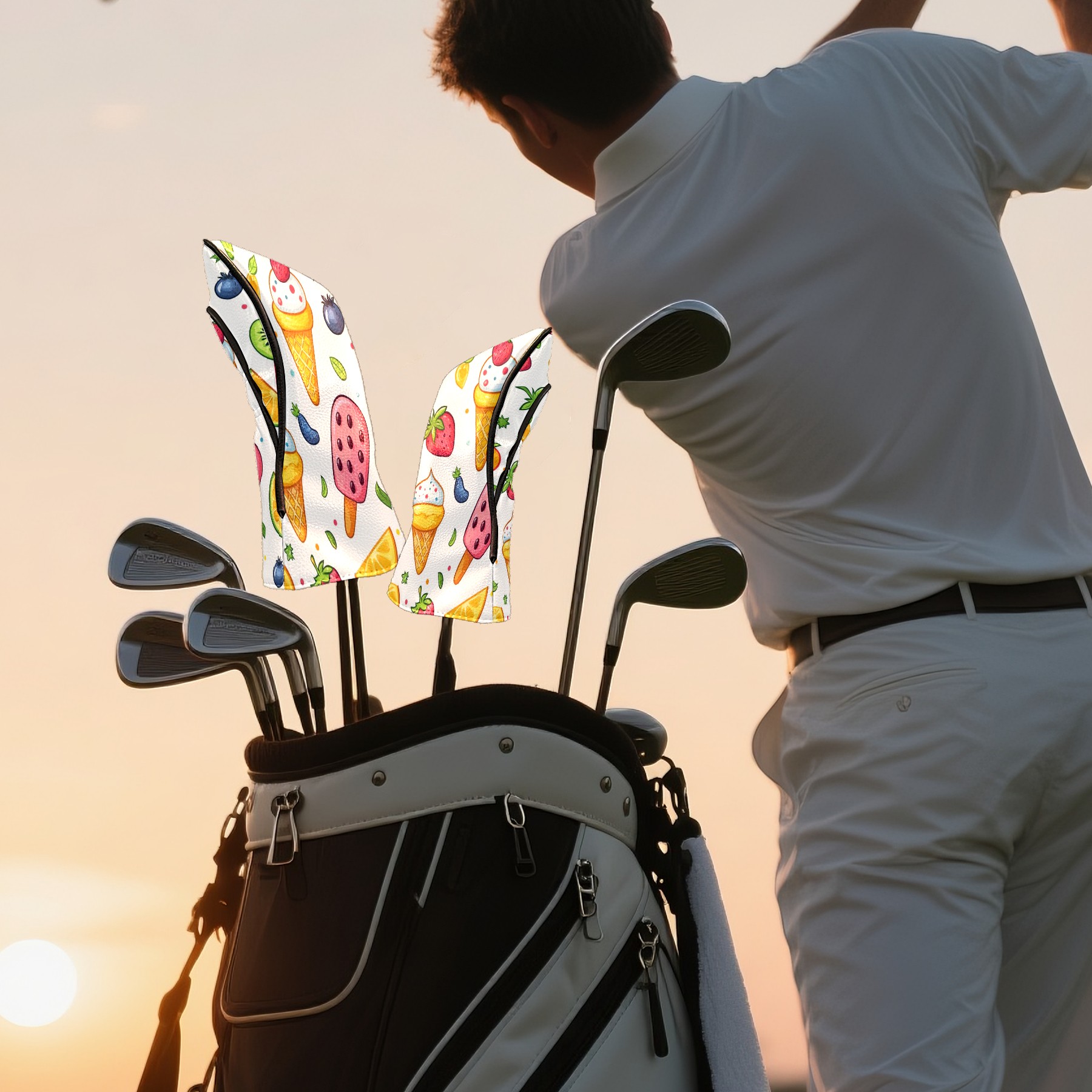 Golf Club Covers PU Leather Waterproof Head Covers for Fairway Woods Hybrids Fruit Ice Cream Pattern Unisex Fits Most Brands