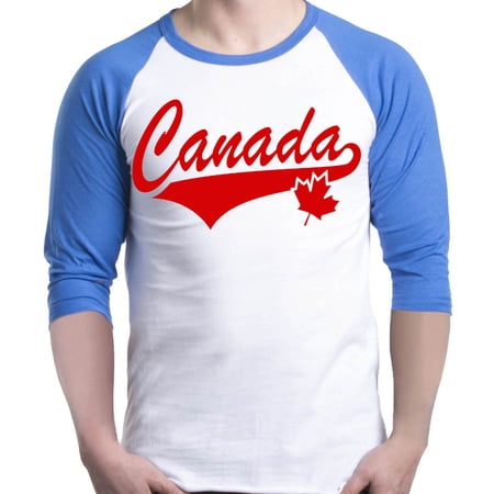 Shop4Ever Men s Canada Red with Leaf Canadian Flag Raglan Baseball Shirt Large White/Blue
