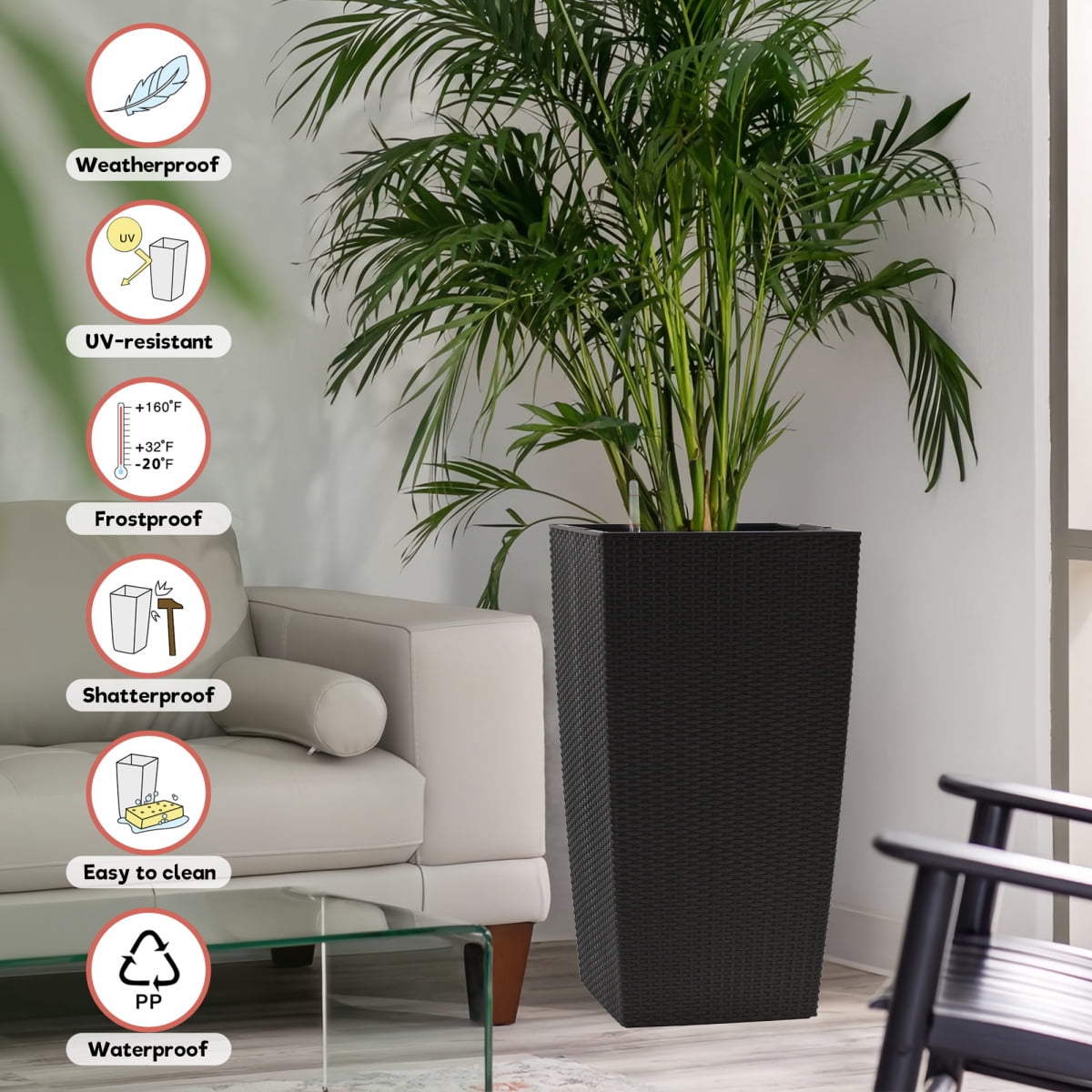 Set of 2 30 Inch Tall Large Flower Pots Self Watering Planters with Drain Holes Water Level Monitor Inner Bucket Black