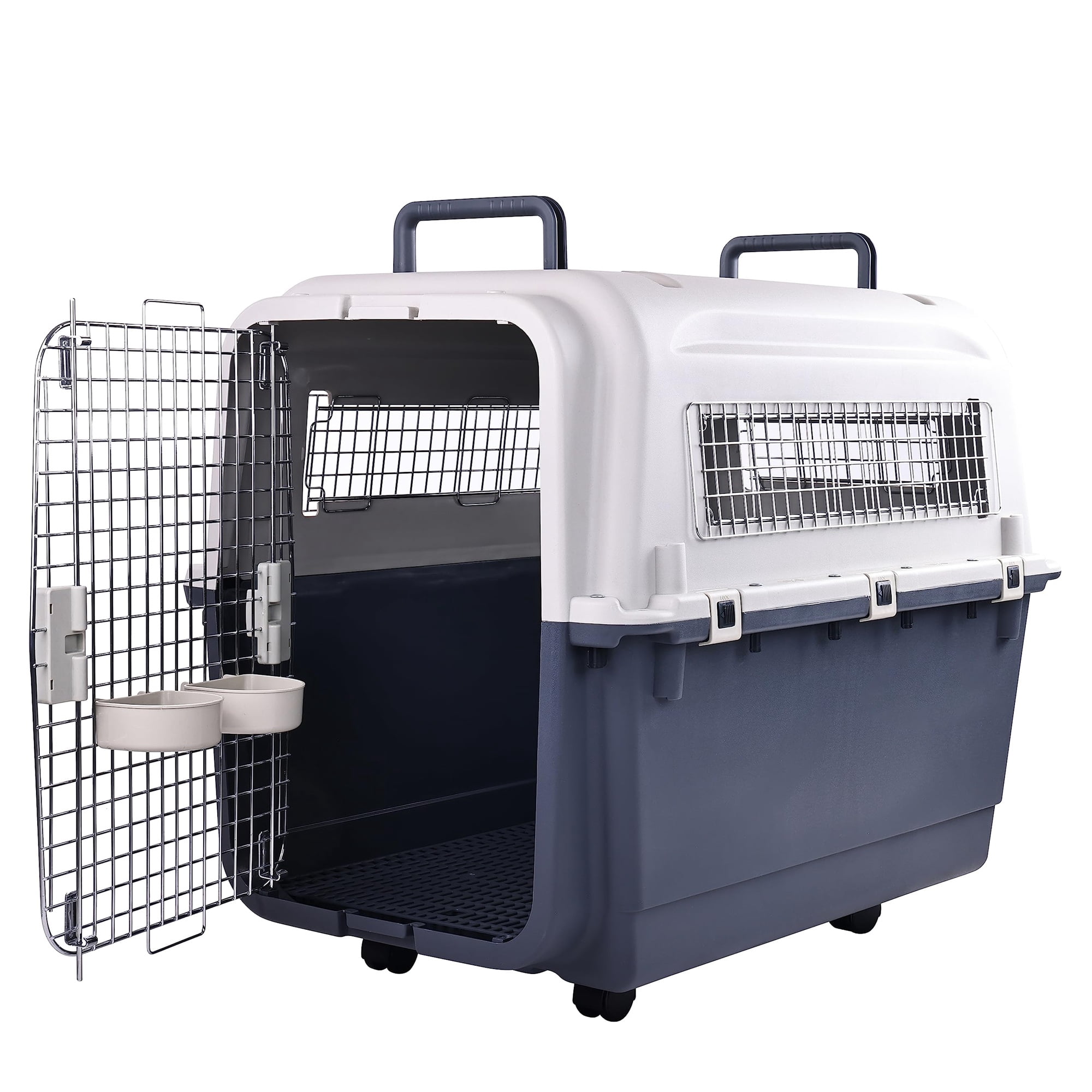 GIANNA Plastic Kennels Pet Carrier Rolling Plastic Airline Approved Wire Door Travel Dog Crate, Grey, Extra Large