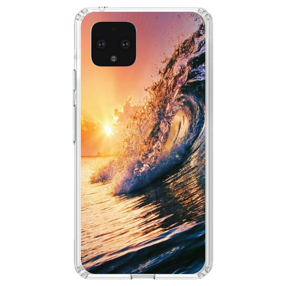 DistinctInk Clear Shockproof Hybrid Case for Google Pixel 4 (5.7" Screen) - TPU Bumper, Acrylic Back, Tempered Glass Screen Protector - Ocean Wave Sunset