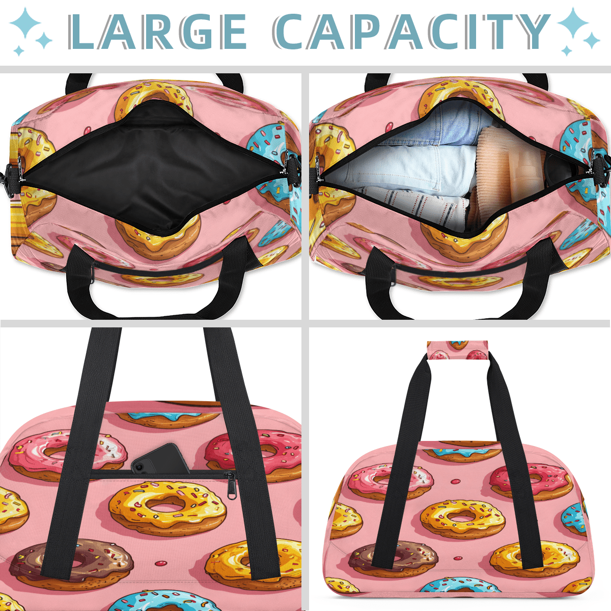 Herdesigns Donuts Sports Duffle Bag for Women & Men, Sweet Donut Gym Bag Dance Bag Overnight Bag Carry On Weekender Travel Bag