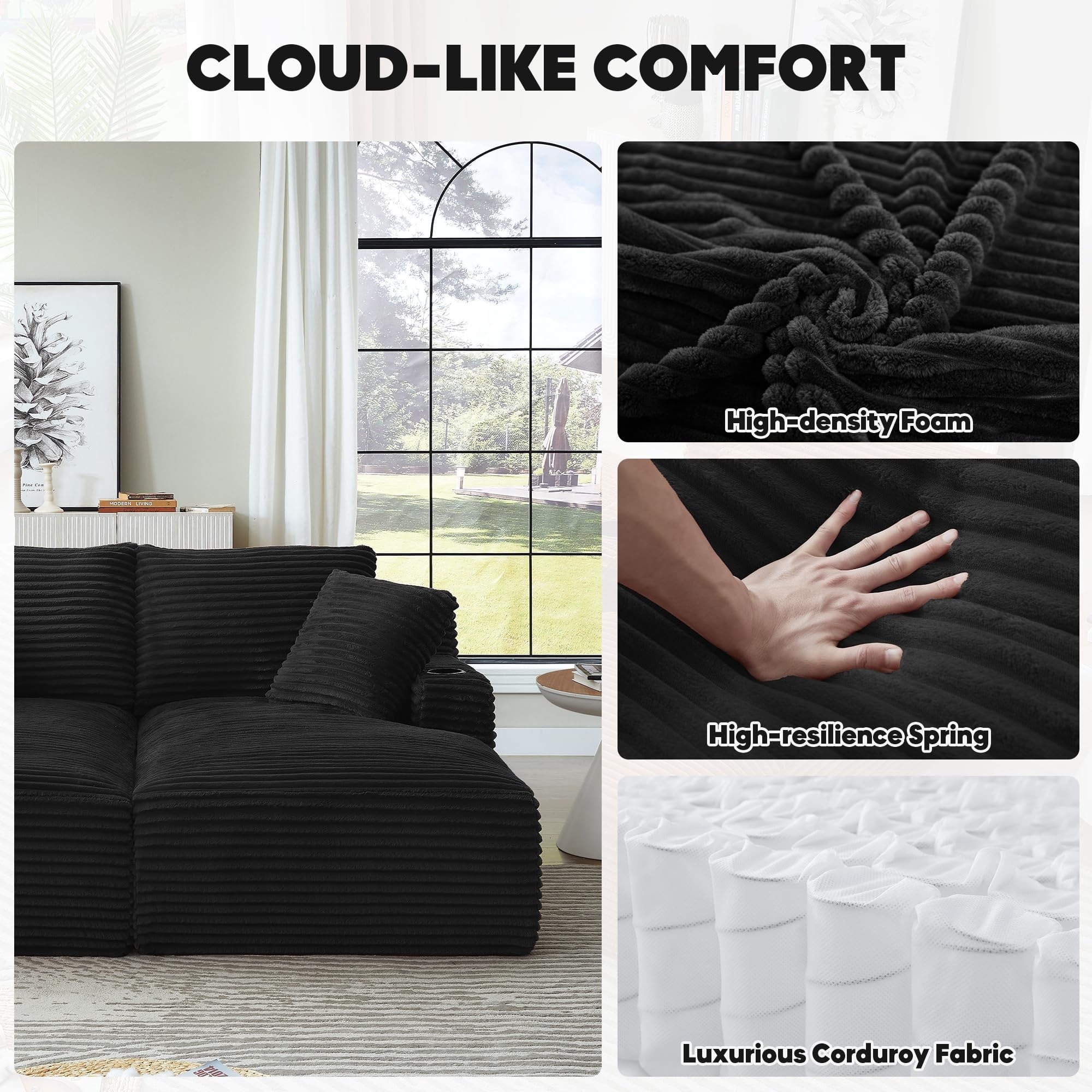 Aukfa Oversized Double Chaise Lounge Modular Boneless Couch for Living Room, 2 Cup Holders, 4 Pillows, Corduroy, Black