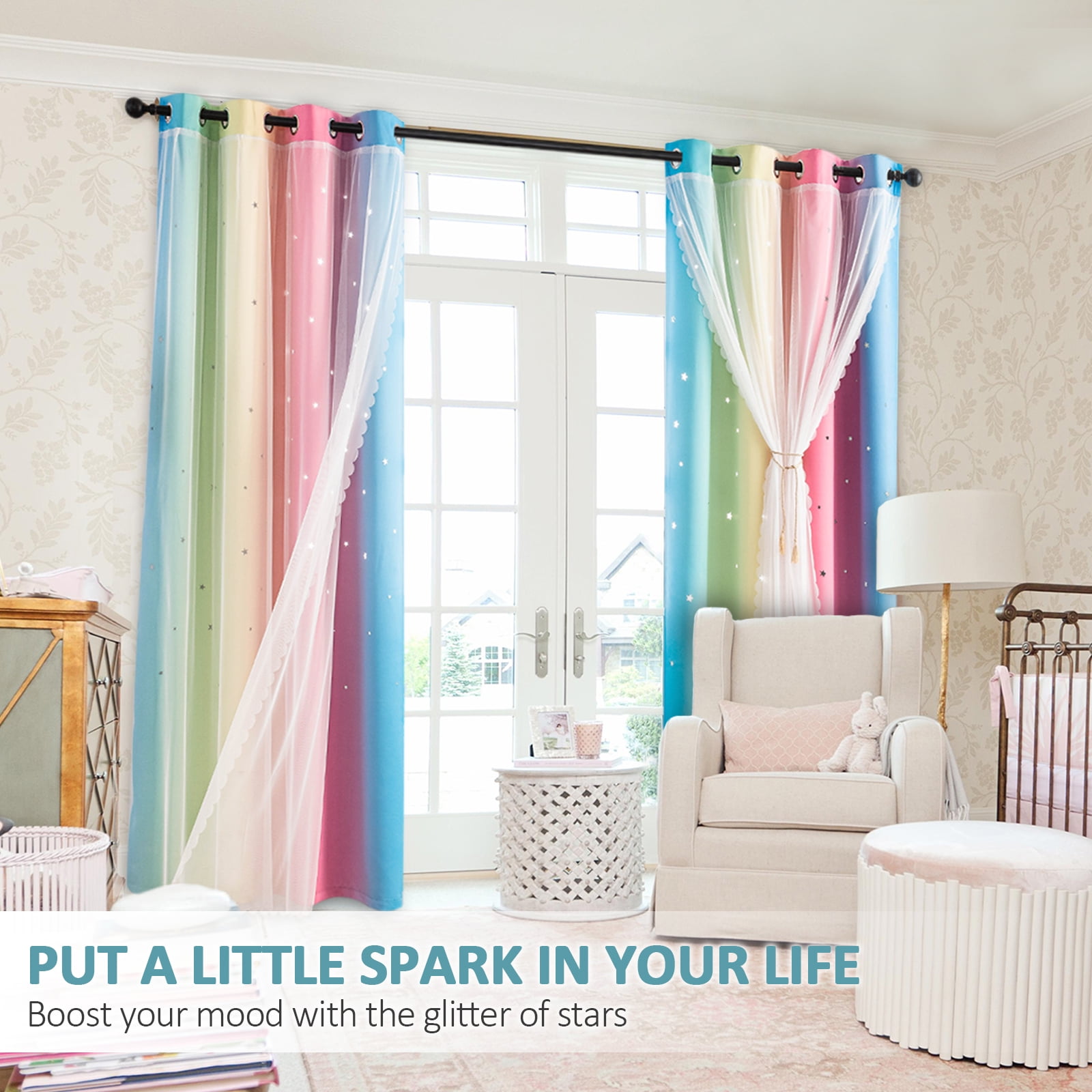 Anjee Stars Blackout Curtains for Girls Bedroom, Grommet Top 2 in 1 Double Layer Rainbow Window Curtains with Sheer, for Kids Nursery Playroom Childcare Room, 52" x 63"
