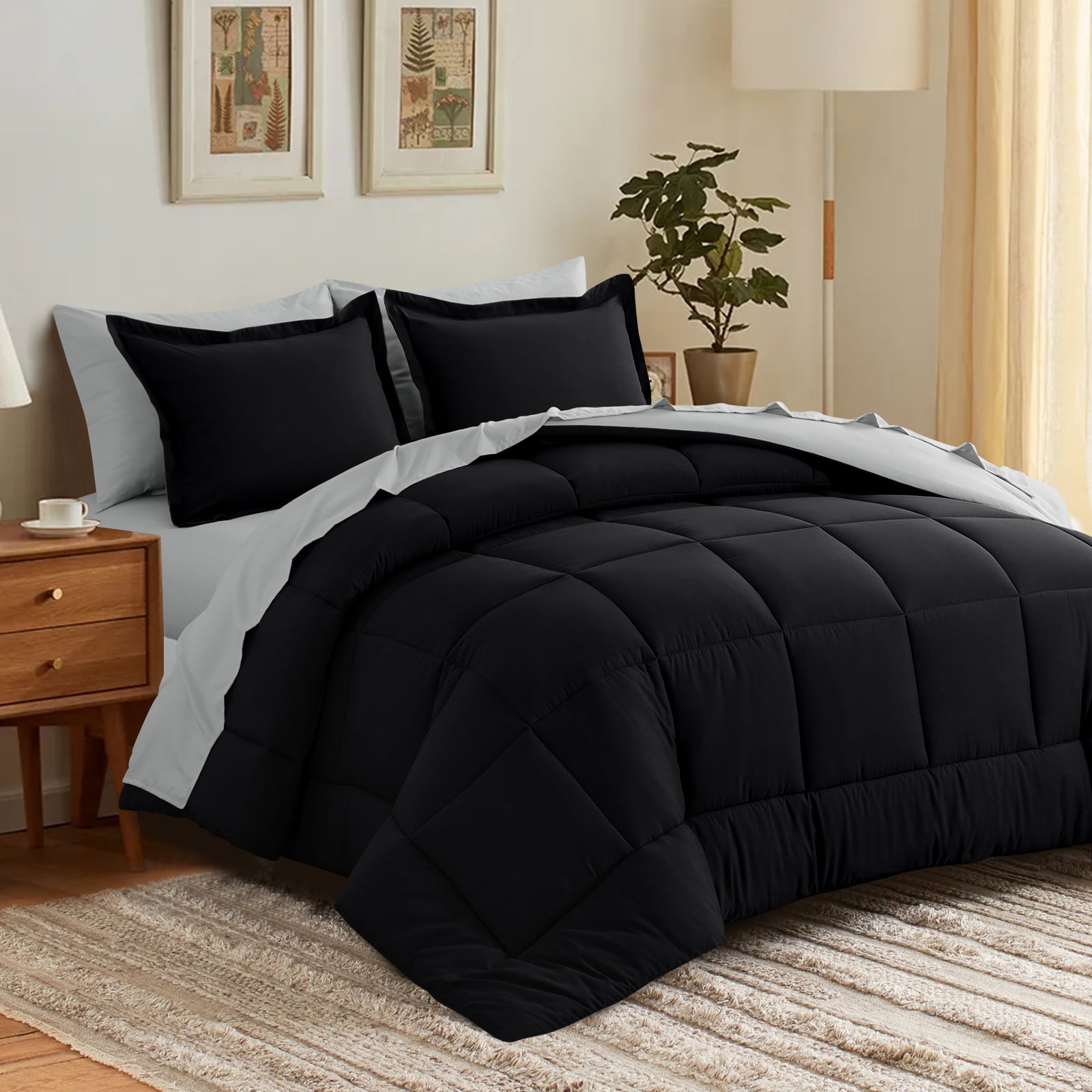 RUIKASI 7 Pieces Black/Light Grey King Bed Comforter Set with Sheets - Bed in a Bag with Comforter and All Season Sheets, Pillowcases
