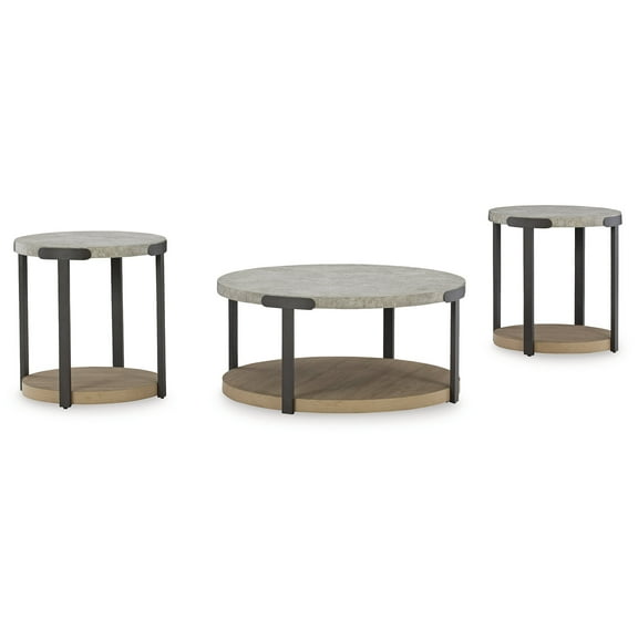 Signature Design by Ashley Darthurst 3-Piece Modern Round Coffee Table Set, Light Brown with Faux Cement Top