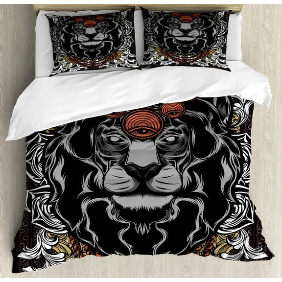 King Duvet Cover Set, Forest Jungle Emperor Savannah Animal Lion with Medieval Design Frame Print, Decorative 3 Piece Bedding Set with 2 Pillow Shams, King Size, Grey Black and Coral, by Ambesonne