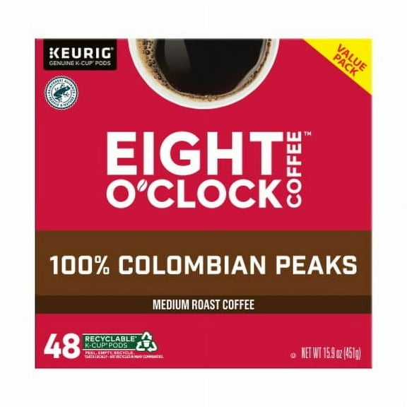 Eight O'Clock Coffee Medium Roast 100% Colombian Peaks Coffee Value Pack 48 - 0.33 oz K-Cup Pods 15.9 oz - Pack of 2