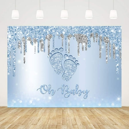 Image of 7x5ft Oh Baby Backdrops Baby Background for Boy Oh Boy Little Feet Backdrop for Photography Glitter Blue Baby