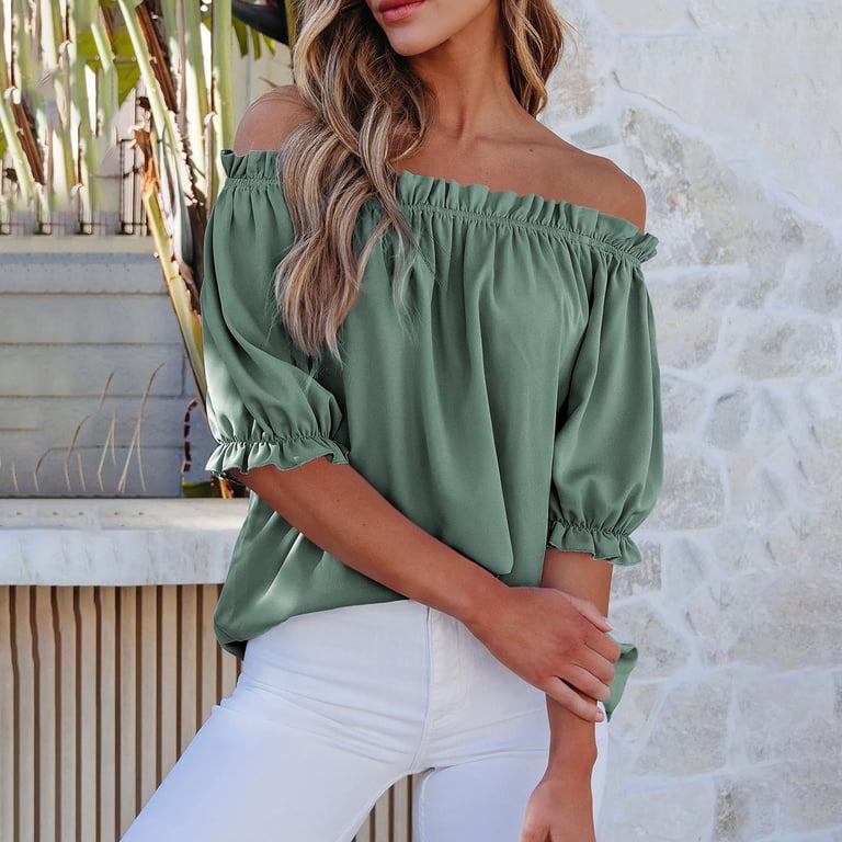Women's 2026 Spring Summer Off Shoulder Ruffle Puff Sleeve Blouse