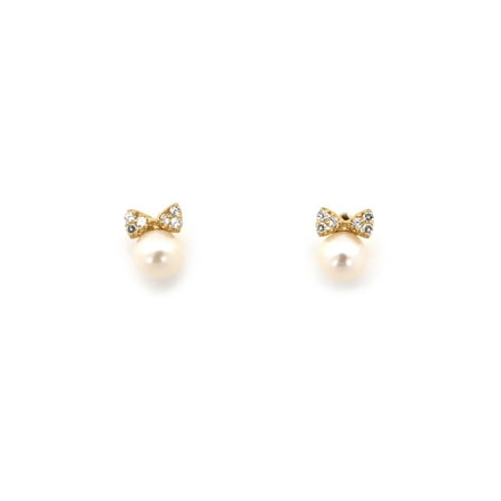 Beauniq 14k Yellow Or White Gold Freshwater Cultured Pearl Small 14k Yellow Or White Gold Freshwater Cultured Pearl Small Cz Bow Stud Earrings Child Safe Backs