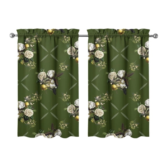 Kitchen Window Curtains over Sink Green Classical Floral Small Window Treatment White Cafe Short Curtains for Bathroom Tier Drapes 27.5x39 Inch