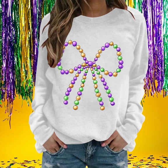 Zedker 2026 Mardi Gras Shirts for Women New Orleans Carnival Sweatshirt Long Sleeve Trendy Spring Holiday Crewneck Shirts