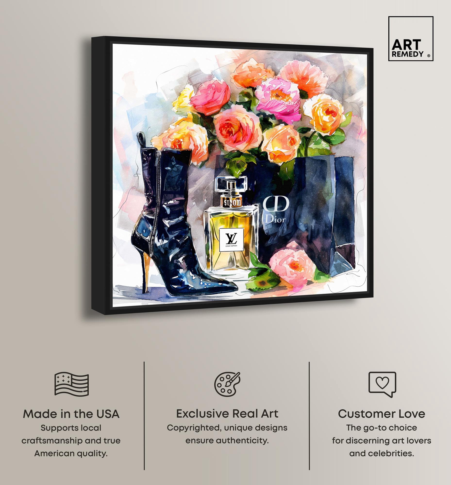 Boot with Perfume and Shopping Bag Canvas Fashion Art Prints by Art Remedy, Black Frame, 24" x 24"