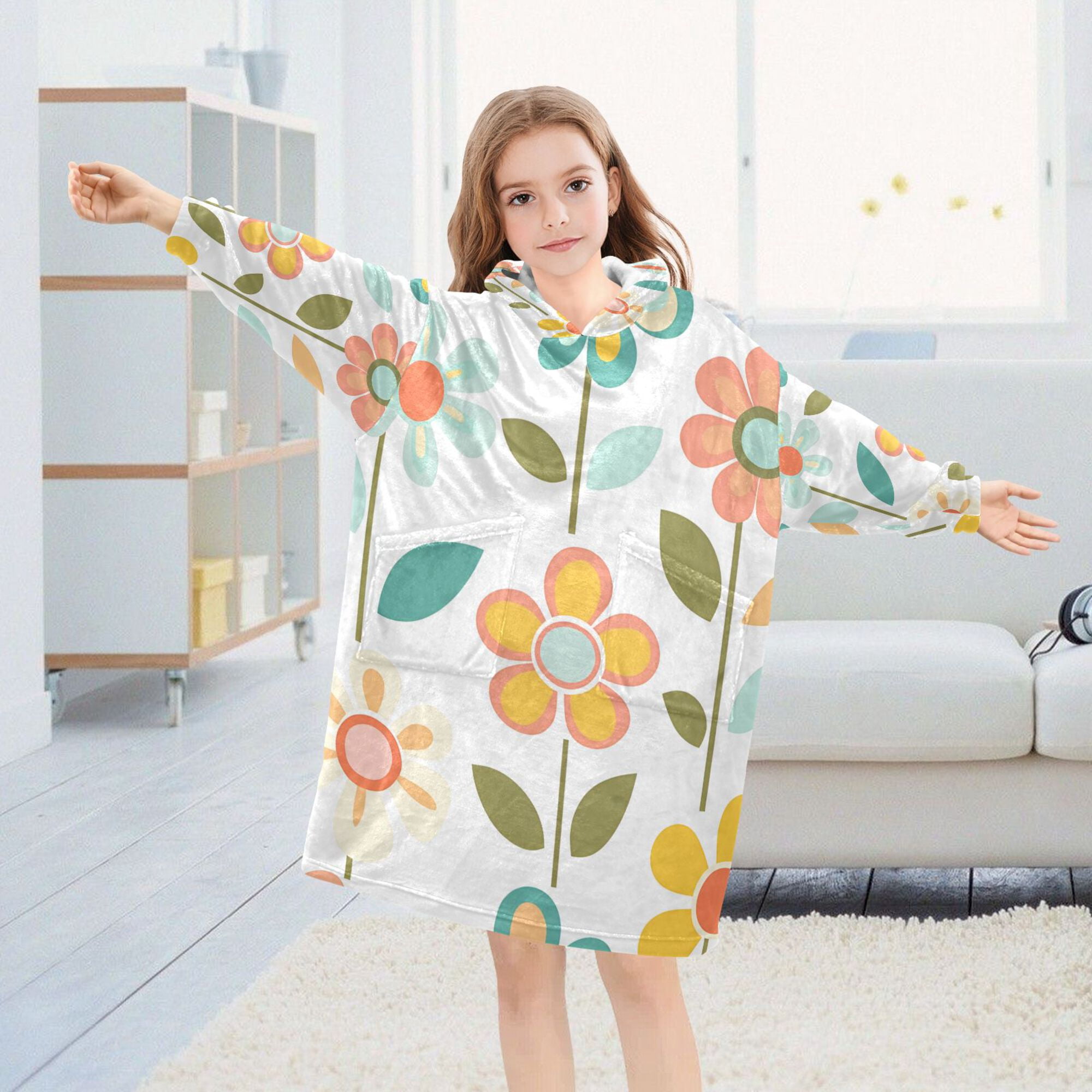 FORMRS Wearable Blanket Hoodie with Sleeves for Kids Cozy Flannel Sweatshirt, Orange Retro Flower
