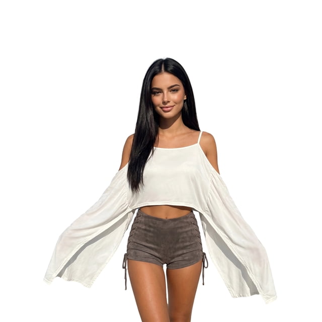 Argulvti Women's Summer Cold Shoulder Cape Solid Color Cropped Tops Lightweight Flowy T-Shirt