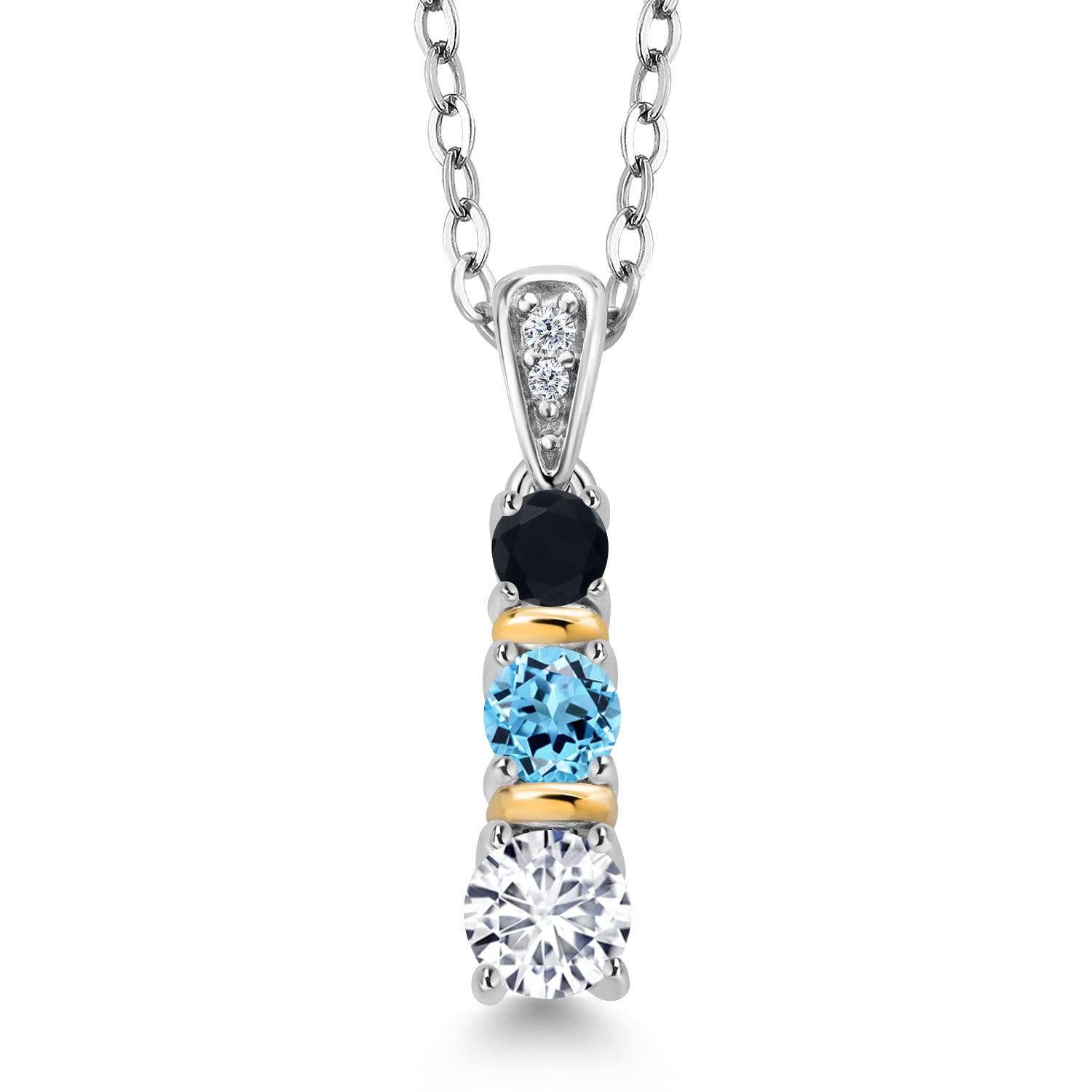Gem Stone King 925 Silver and 10K Yellow Gold Round White Lab Grown Diamond Swiss Blue Topaz and Black Onyx Pendant Necklace for Women (0.57 Cttw, Gemstone April Birthstone, with 18 inch Chain)