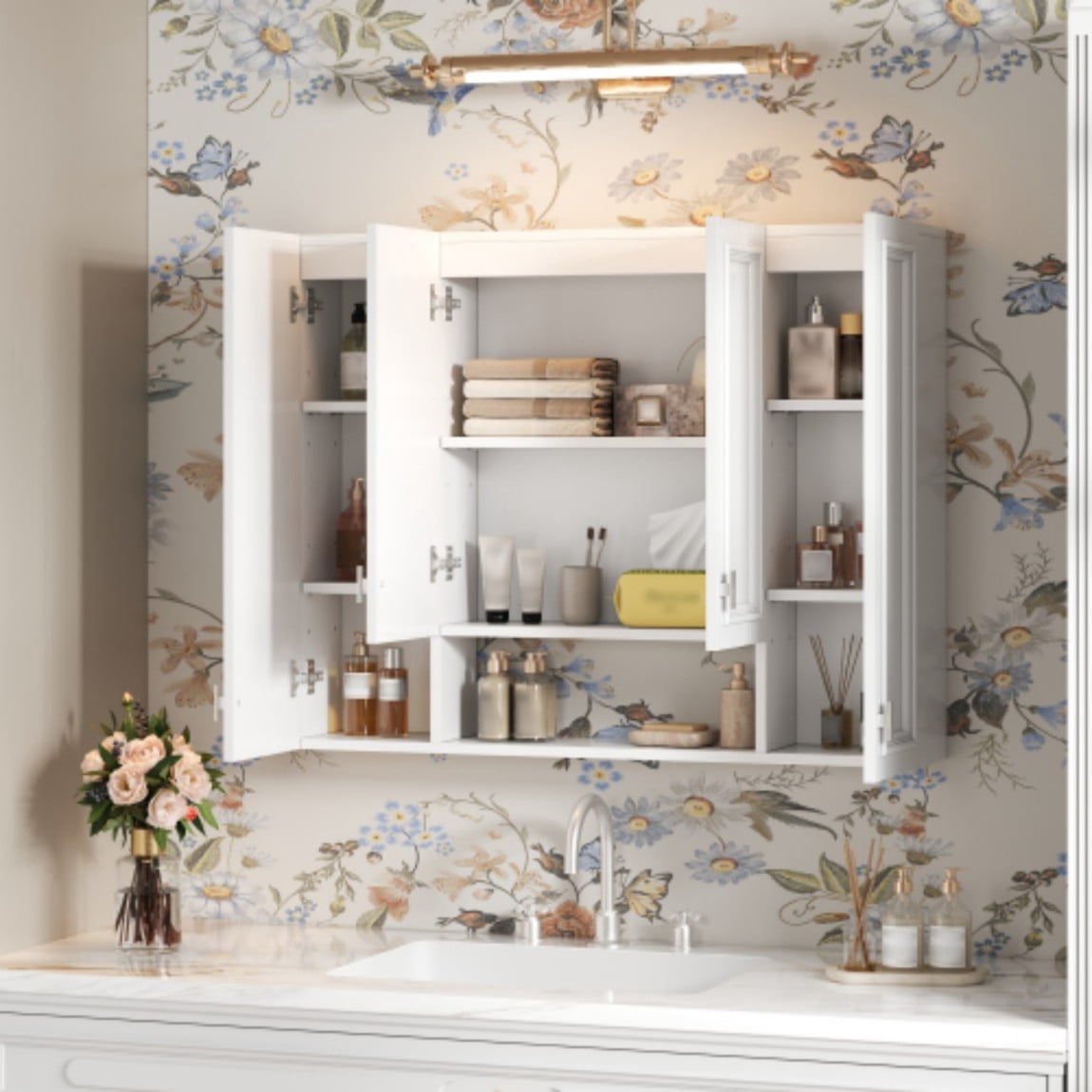 36" Wall Mounted Medicine Cabinet with 5 Adjustable Shelves, Bathroom Storage Cabinet with Open Shelving, Soft Close Hinges, Modern Bathroom Organizer, White