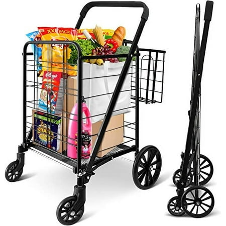 SereneLife Folding Grocery Utility Shopping Supermarket Cart W/ 360 Rolling Swivel Wheels 110 lbs.