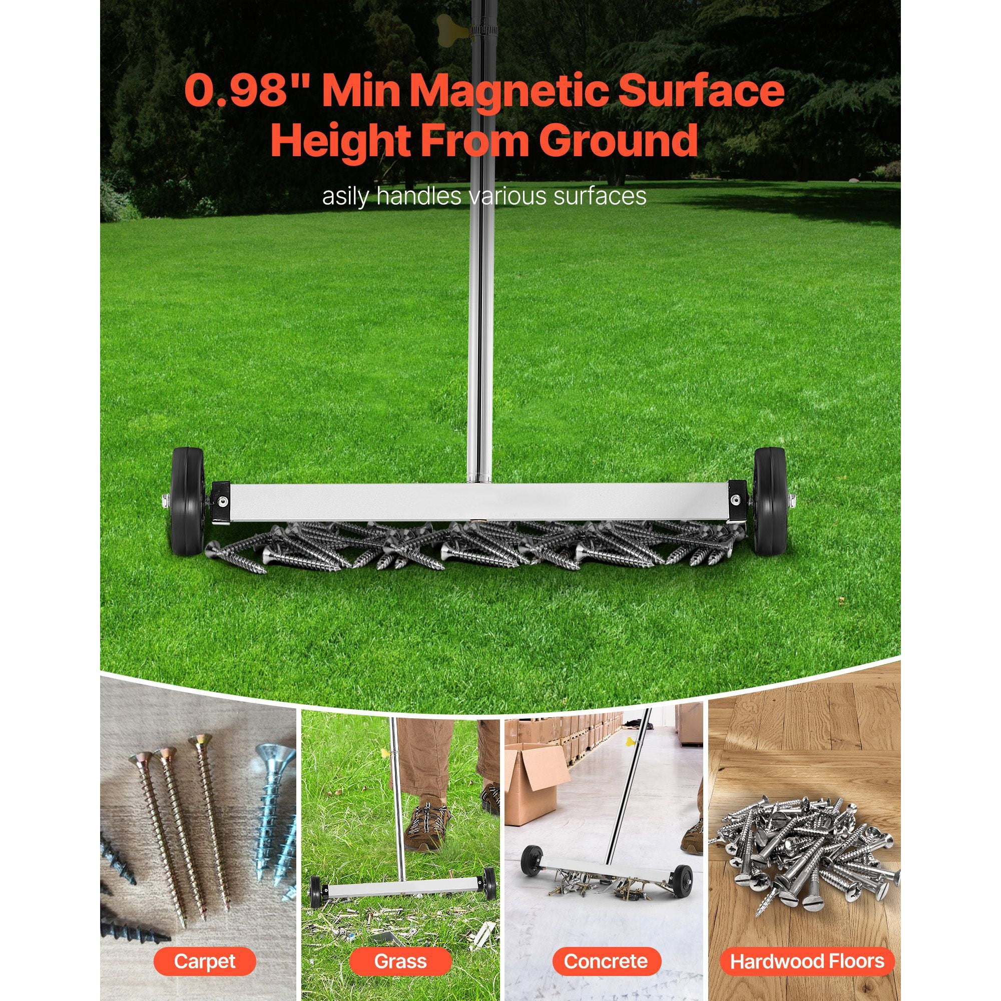 Magnetic Sweeper 17 Inch, 10 lbs Capacity with Telescoping Handle 17.52-40.94 Inch, Ergonomic Rubber Handle, 2.95 Inch Wheels for Garage Construction Sites