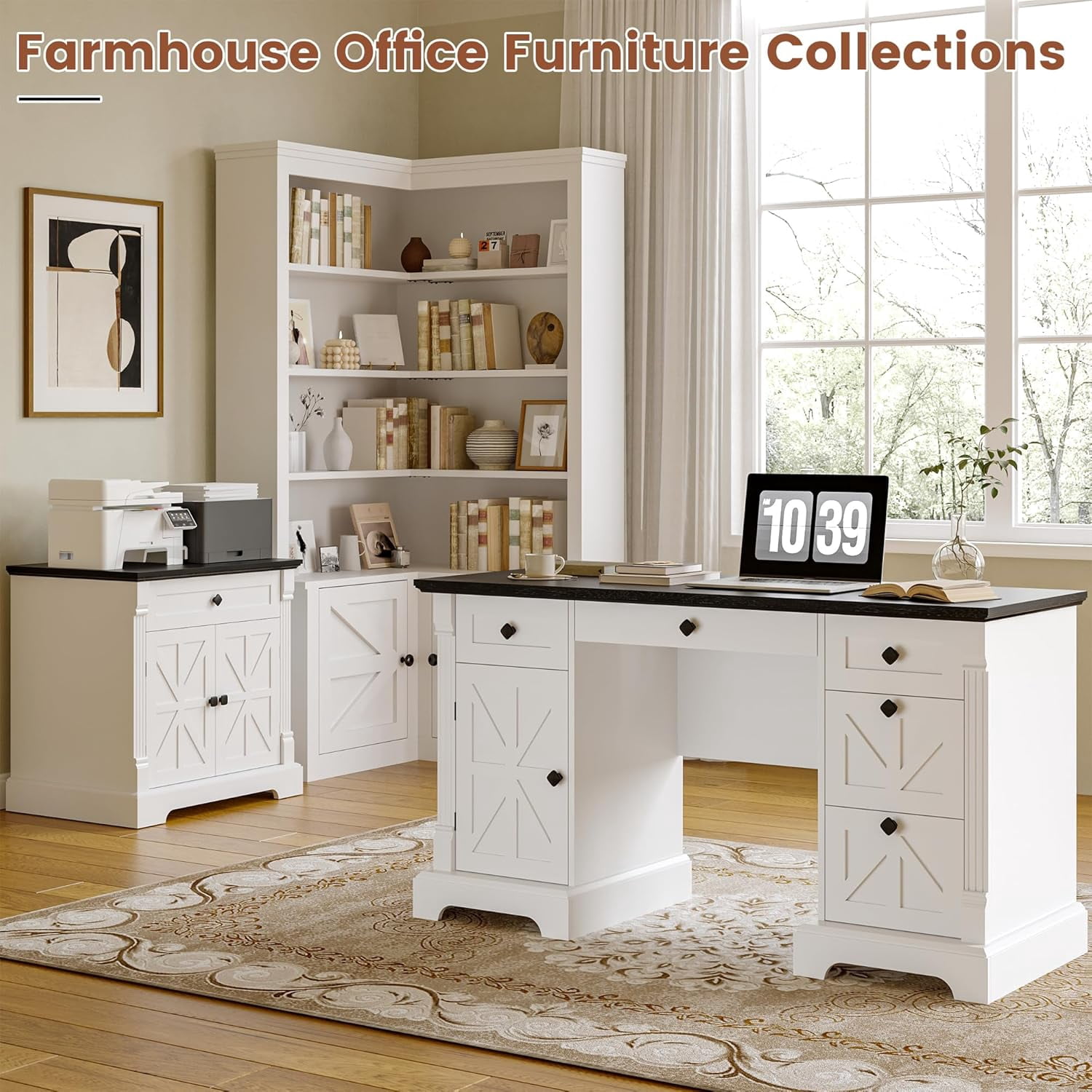 Winkalon 55'' Farmhouse Desk Home Office with Drawers, Executive Computer Desk Wooden with File Cabinet and Charging Station, White