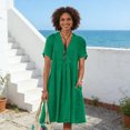 thumbnail image 4 of Quixlent Women Cotton Linen Dress Short Sleeve V Neck A-Line Swing Dress Summer Casual Beach Vacation Sundress with Pockets, 4 of 8