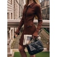 thumbnail image 4 of Womens V Neck Bodycon Sweater Dress Long Sleeve Half Button Slim Fitted Ruffle Ribbed Knit Mini Pencil Dress Brown L, 4 of 7