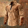 thumbnail image 5 of Men's Suede Cowboy Fringe Button Up Shirt Long Sleeve Solid Color Western Wear Retro Snap Collar Shirt Jacket Brown, 5 of 5