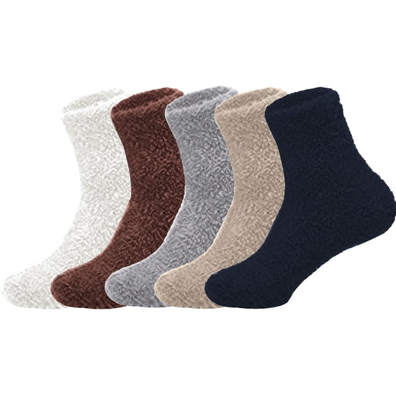 5 Pairs Solid Thick Fuzzy Coral Fleece Crew Socks, Thermal Fluffy Plush Hosiery, Warm Foot Warmer Socks for Men Women Winter Indoor Sleep Lounge Wear A