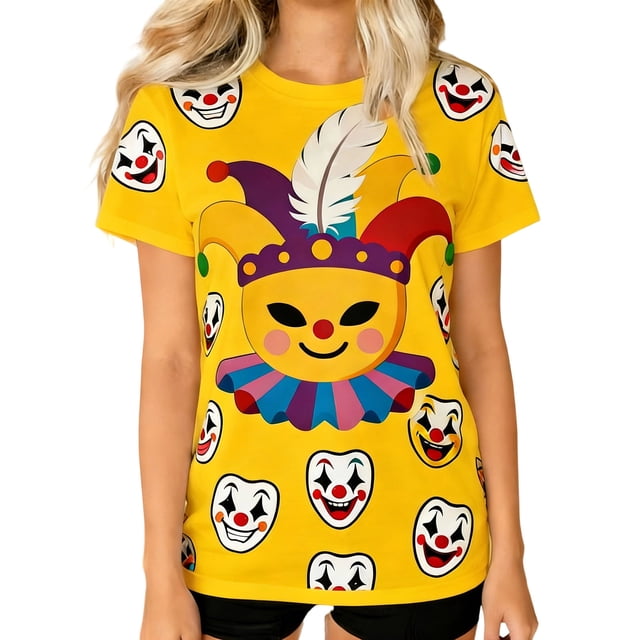 Camiseta de Manga Corta con Cuello de Tripulación de Impresión de Payaso Casual para Fiesta de Carnaval Verano Diario