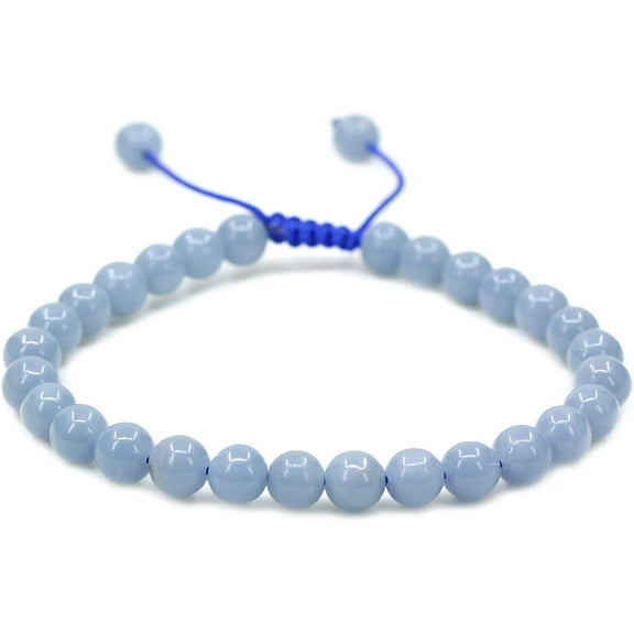 Angelstones Handmade Gemstone 6mm Blue Angelite Round Beads Adjustable Braided Macrame Tassels Chakra Reiki Bracelets 7-9 inch Unisex