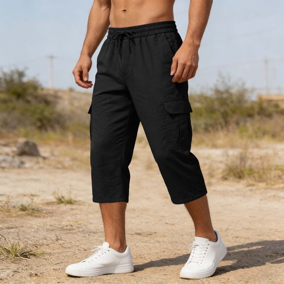 Oiangi Men's 3/4 Cargo Capris Elastic Waist Drawstring Hike Pants Baggy Open Bottom Summer Capri Pants with Multi-Pocket Black 2XL