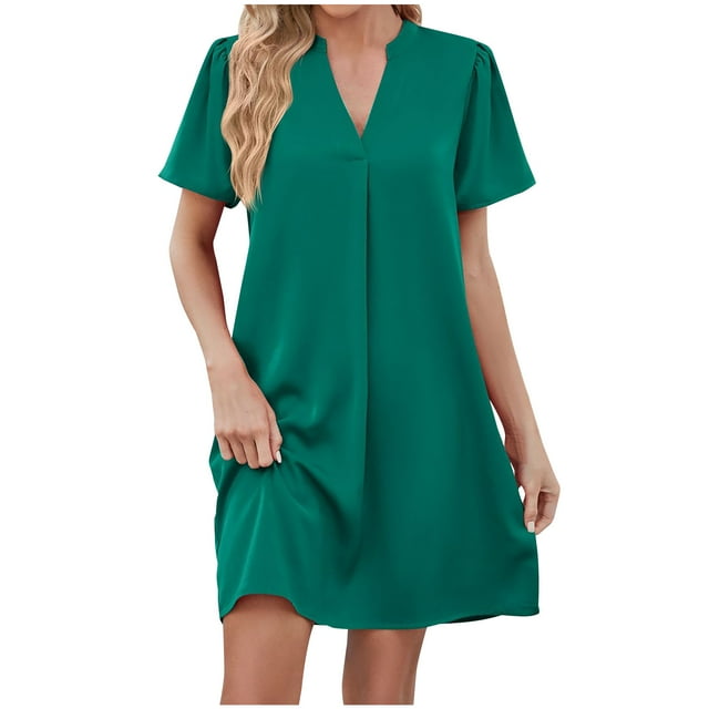 Yuyuzo Robes Décontractées pour Femmes Manches Courtes Bouffantes Col en V Mini Robe de Travail Bureau Robe d'Été