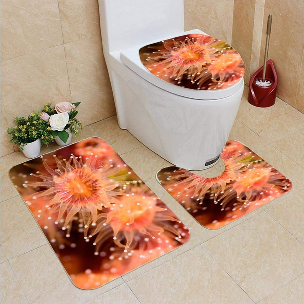 CHAPLLE Cup Coral 3 Piece Bathroom Rugs Set Bath Rug Contour Mat and