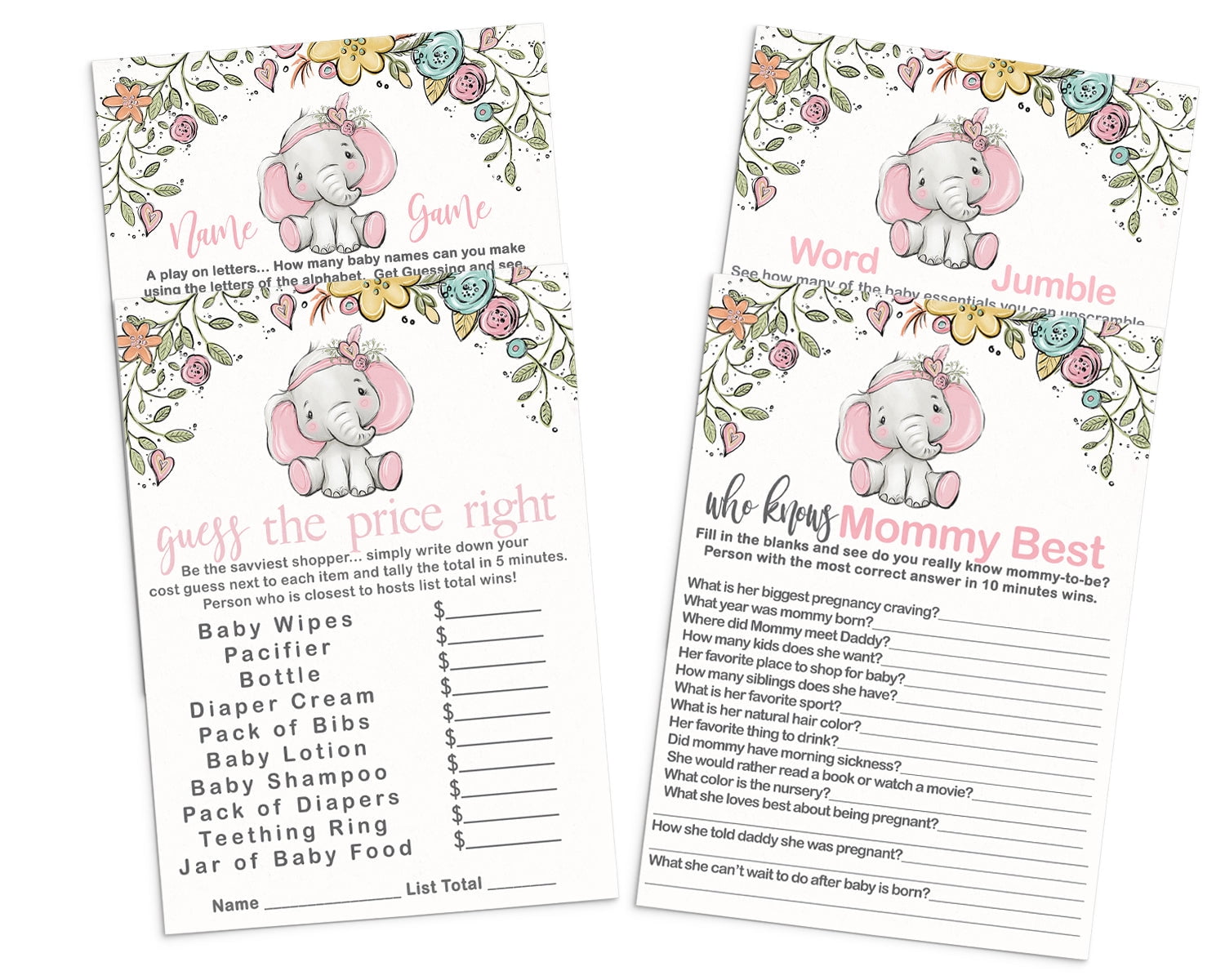 Cottage Elephant Baby Shower Game Card Bundle 4 in 1 Pack (25 Each) Includes Mommy Best - Word Scramble - Name Game - Guess the Price - Girls Pink Greenery - Paper Clever Party