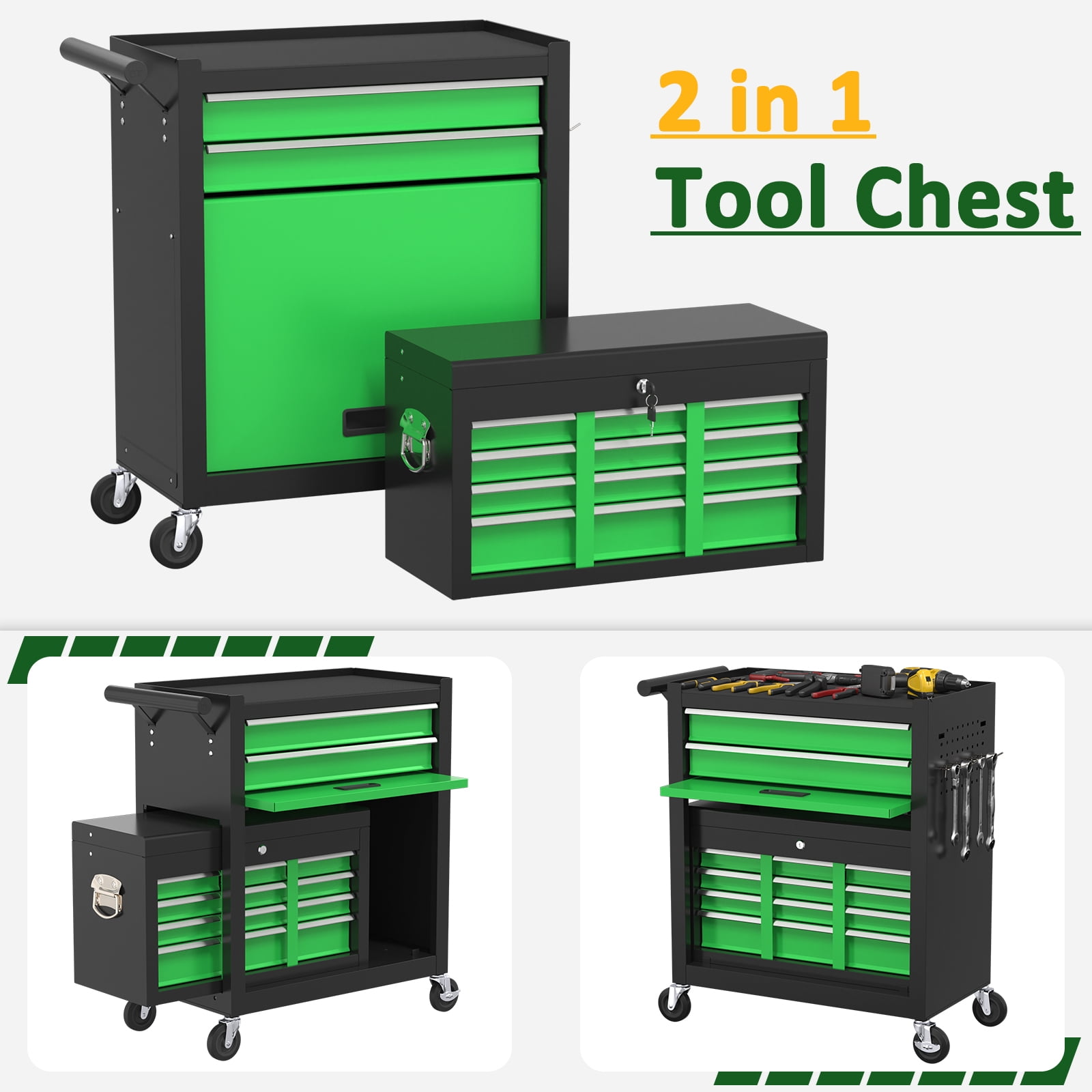 Odaof, 54 lb, 24.4" 8-Drawer Detachable Toolbox with LockGreen and Black