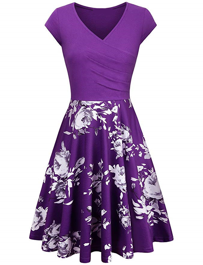 Women's Elegant Commuting Summer Fashion Floral Print Stitching Slim-Fit  Large Swing Dress - Walmart.com
