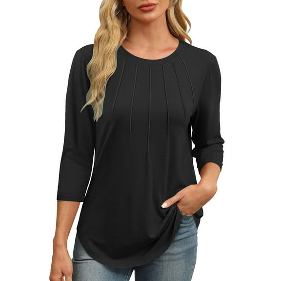GuangCheng Crew Neck Pleated Blouses for Women 3/4 Length Sleeve T Shirts Casual Fall Tunic Basic Trendy Tops