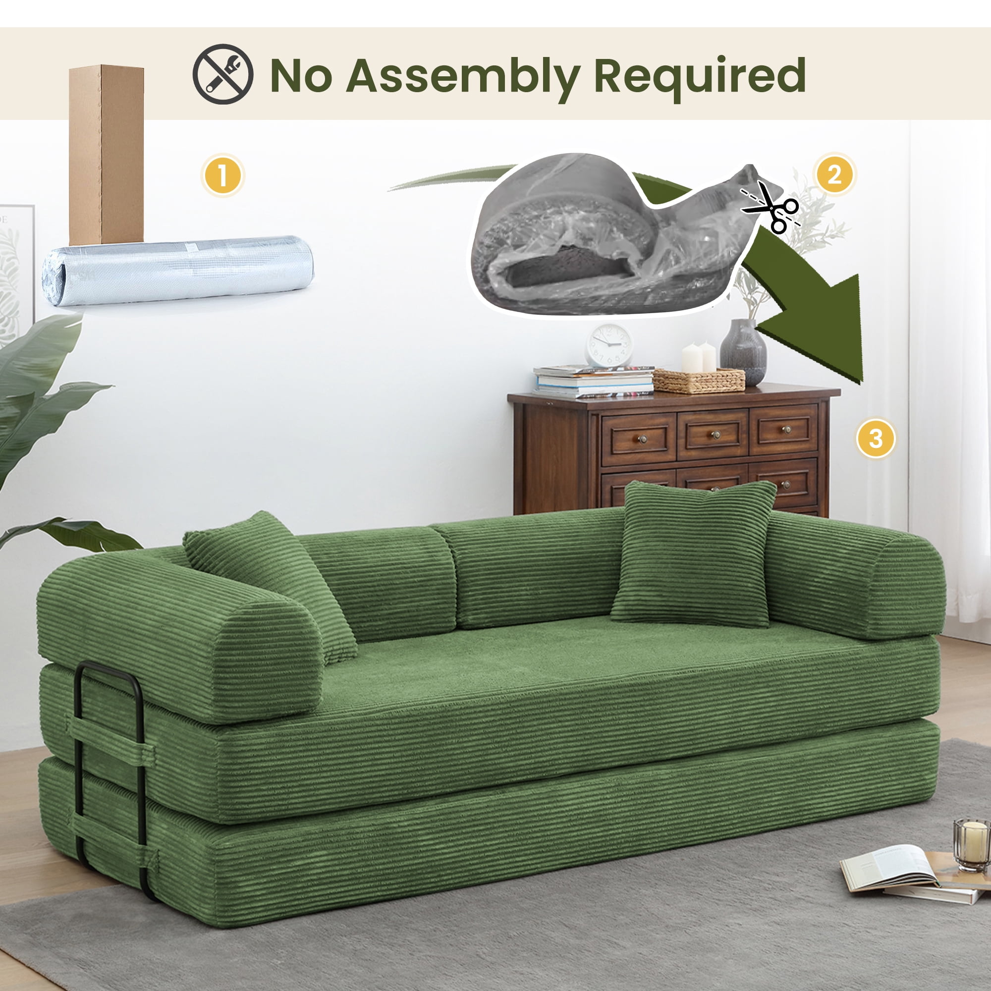 Muumblus 78" Corduroy Loveseat Cloud Sofa , Queen Size Convertible Slpper Couch Bed for Living Room, Dark Green